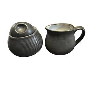 Sango Stoneware Pristine Charcoal Grey Black Sugar Bowl & Creamer Set Modern